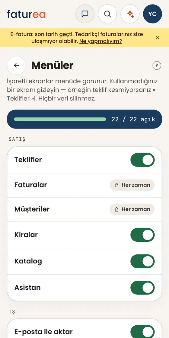 Menüde bazı ekranlar bende neden yok (Şantiyeler, Plandan teklif)?