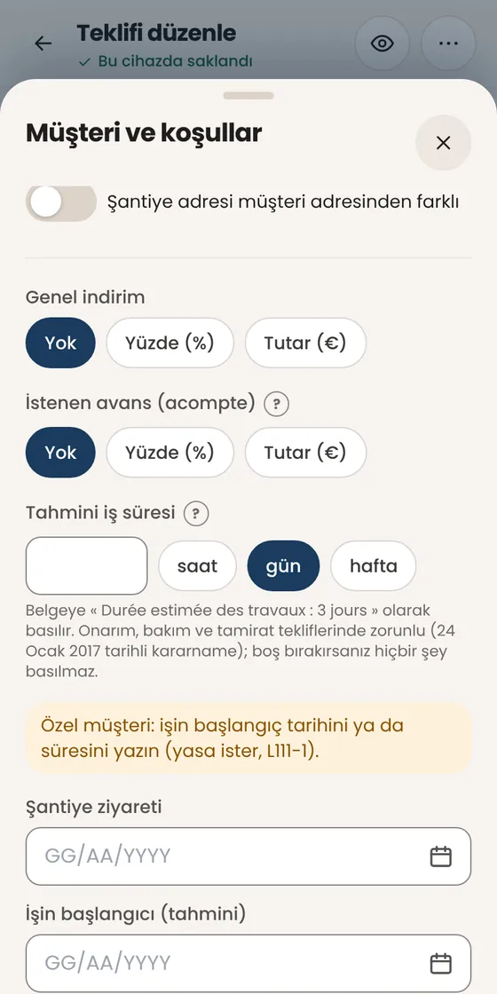 Tamirat / bakım teklifi: işçilik saati, yol masrafı ve iş süresi zorunlu mu?