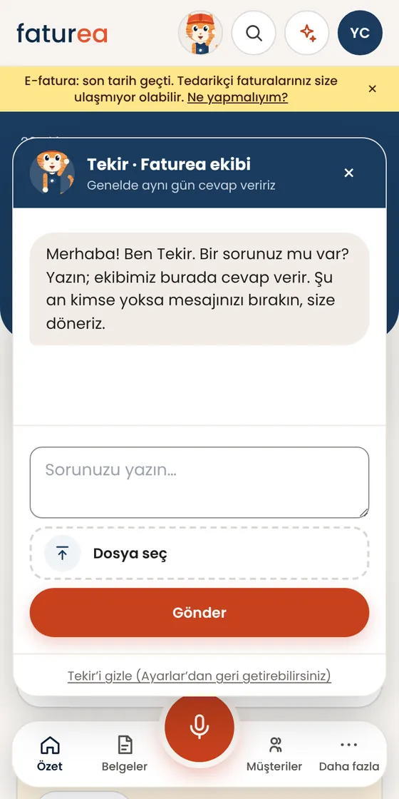 Faturea ekibine uygulamanın içinden nasıl soru sorarım?