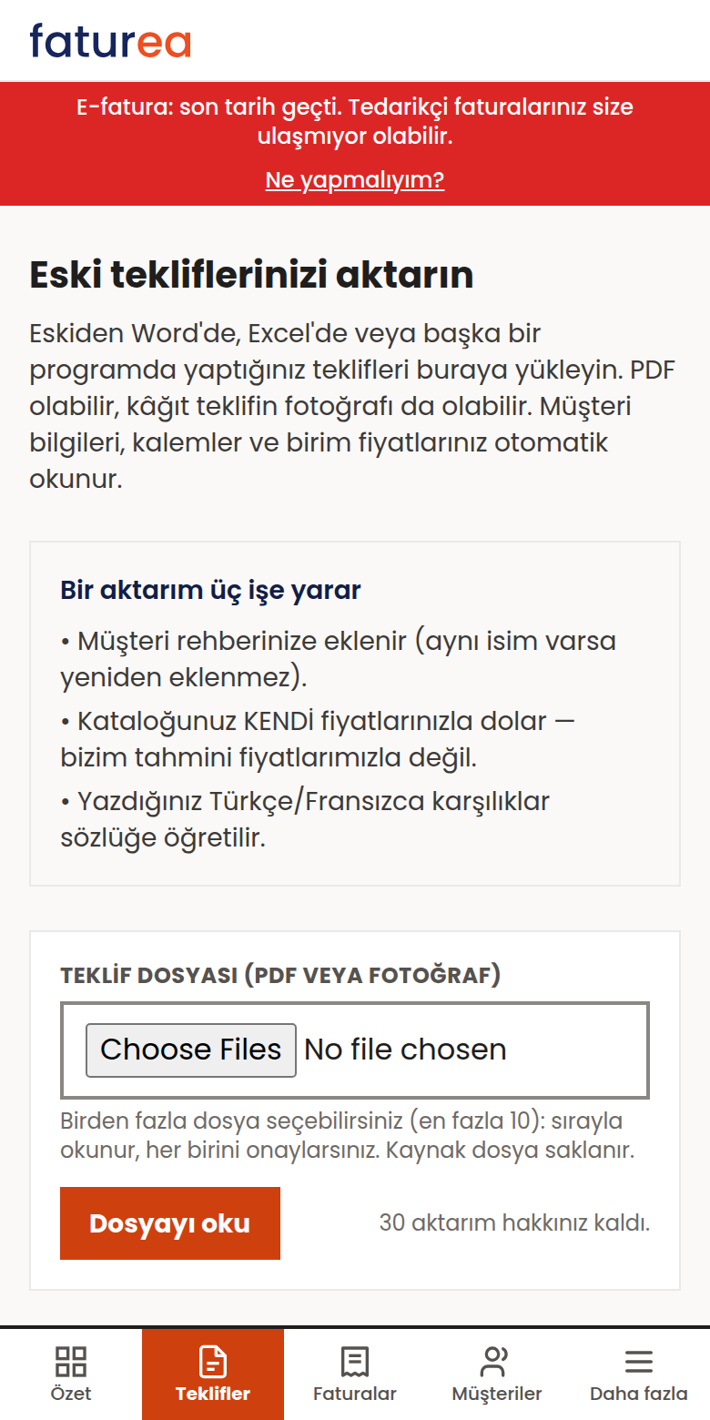 Başka bir programdan geliyorum. Eski tekliflerimi aktarabilir miyim?