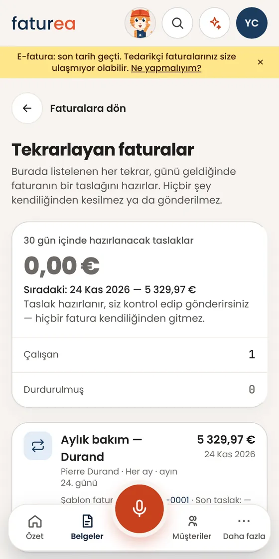 Her ay aynı faturayı kesiyorum (kira, bakım). Otomatik olur mu?
