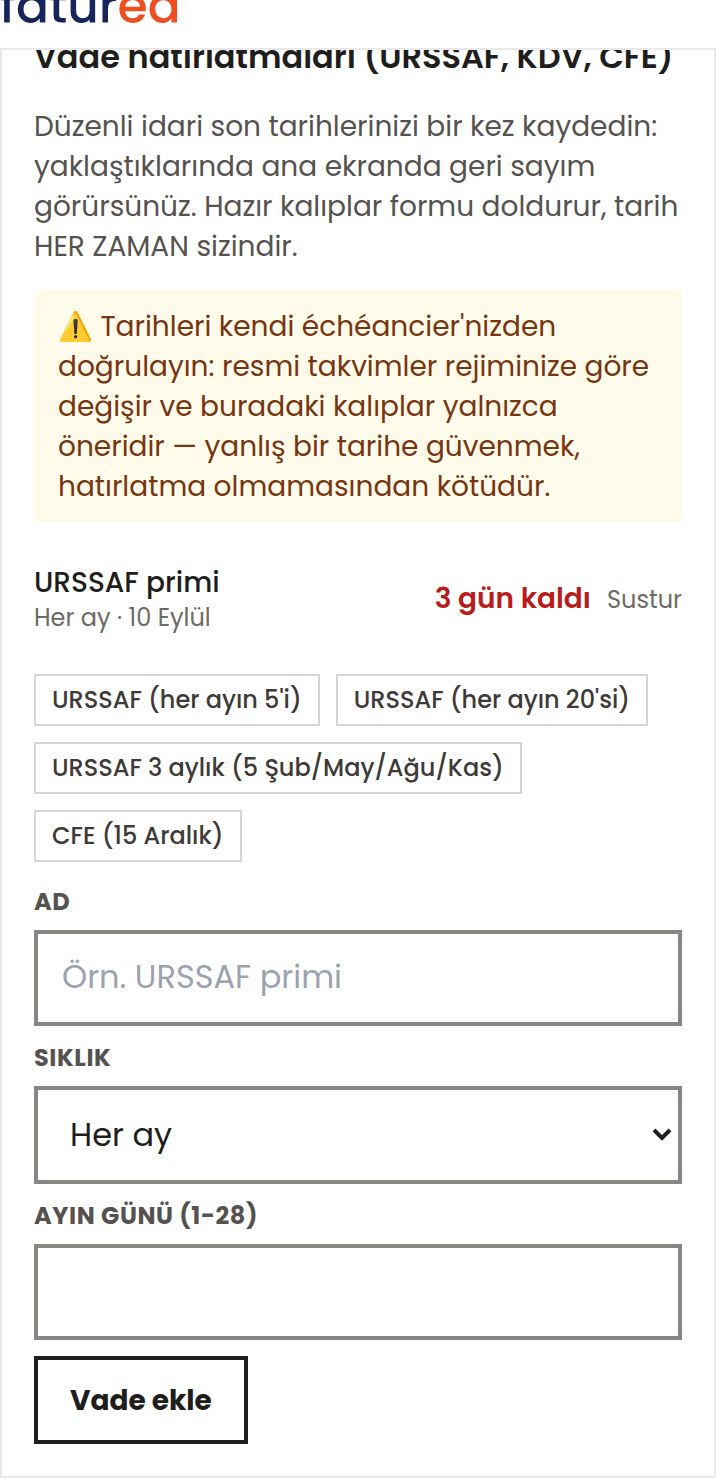 URSSAF ve vergi tarihlerini unutmamak için hatırlatma kurabilir miyim?